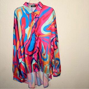 Chicme Abstract Print Button Down Shirt Women’s XXL Oversized High Low Artsy